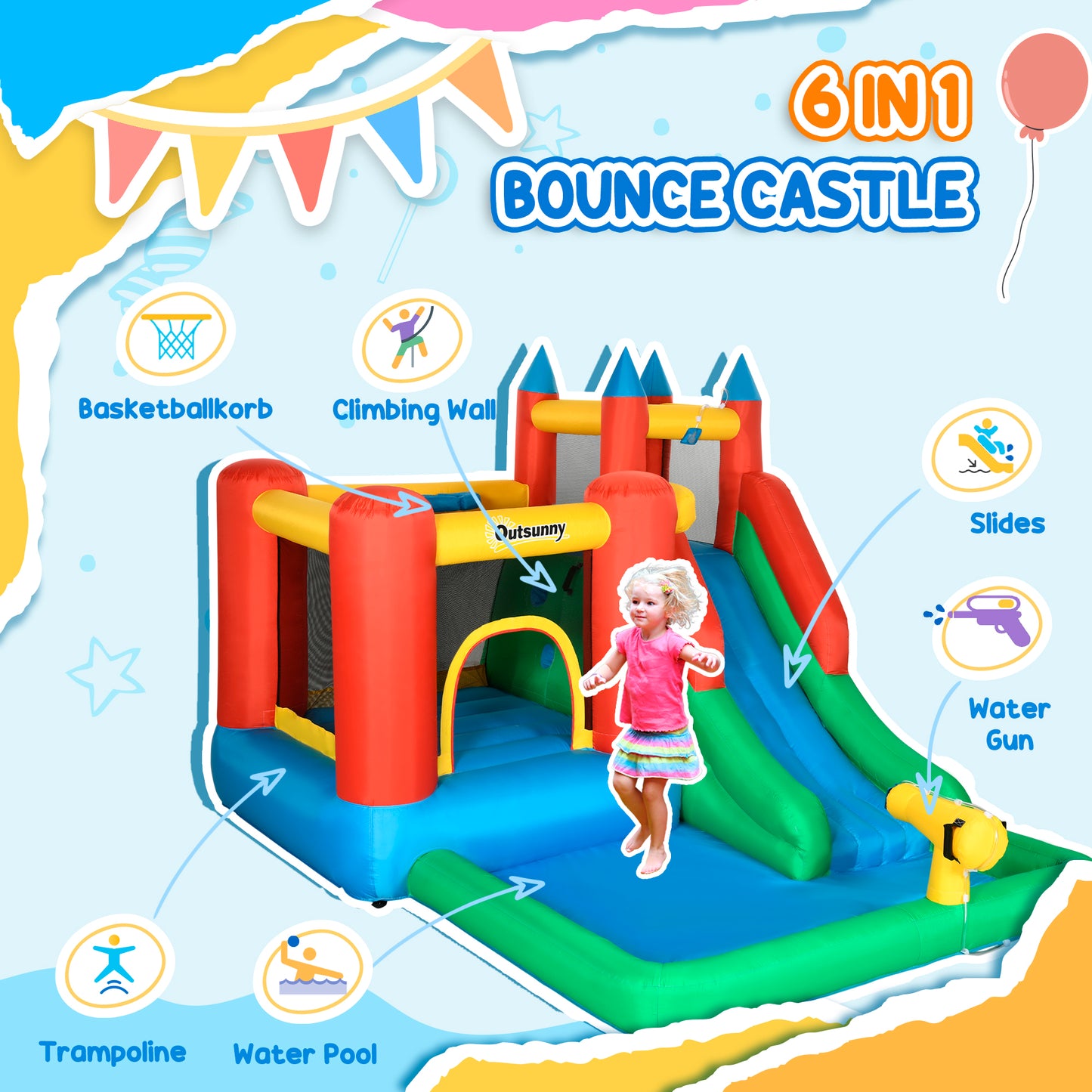 Château gonflable 6 en 1 avec trampoline, glissade et piscine