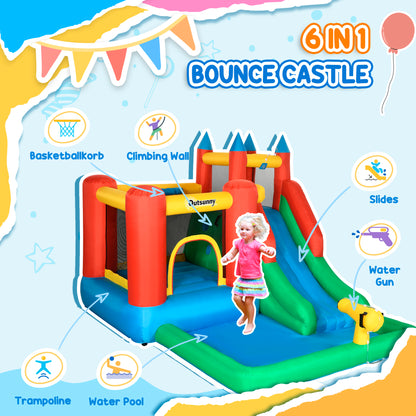 Château gonflable 6 en 1 avec trampoline, glissade et piscine