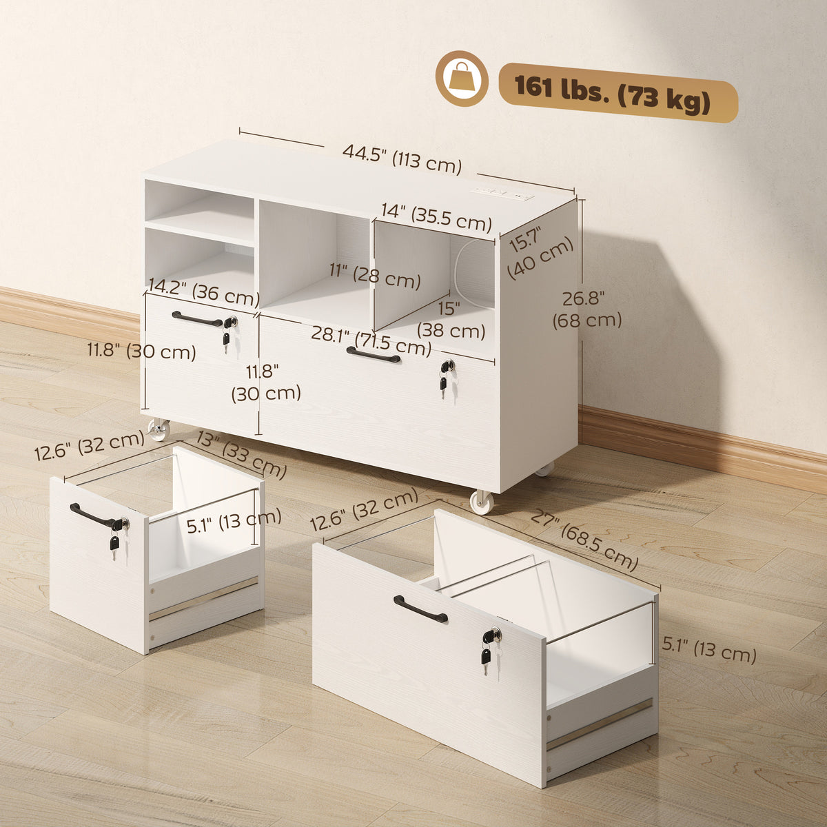 Caisson de bureau mobile à deux tiroirs avec serrure