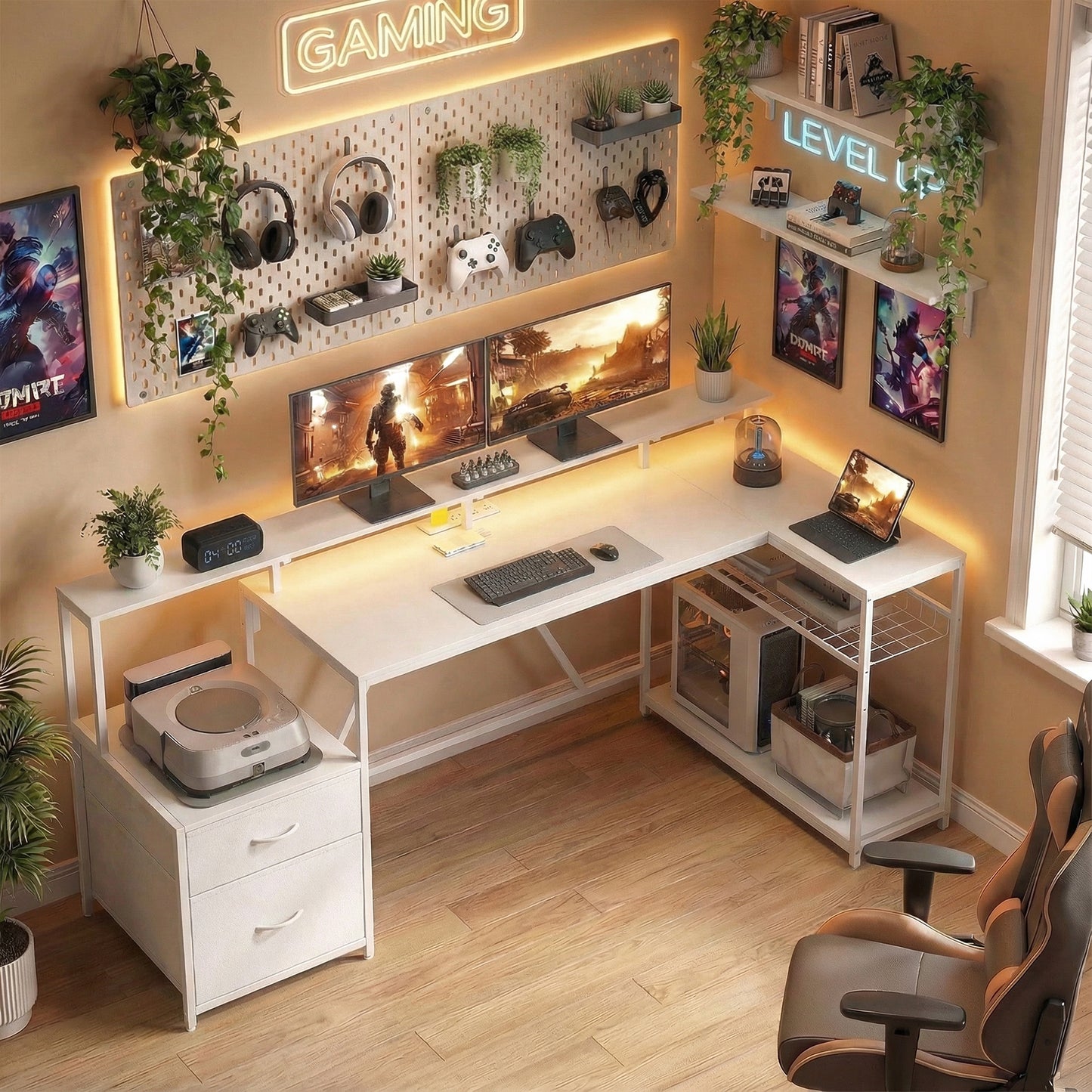 Bureau de jeu en L avec RGB et hub de recharge