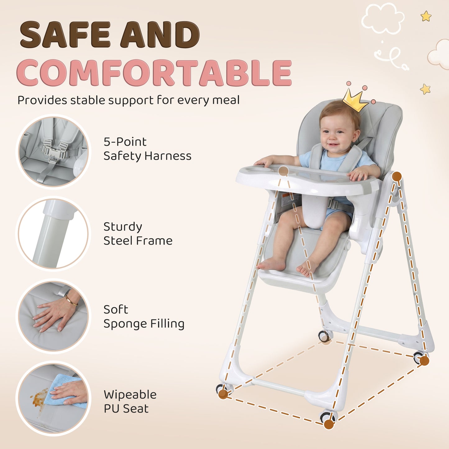 Chaise haute pliable avec double plateau et roulettes