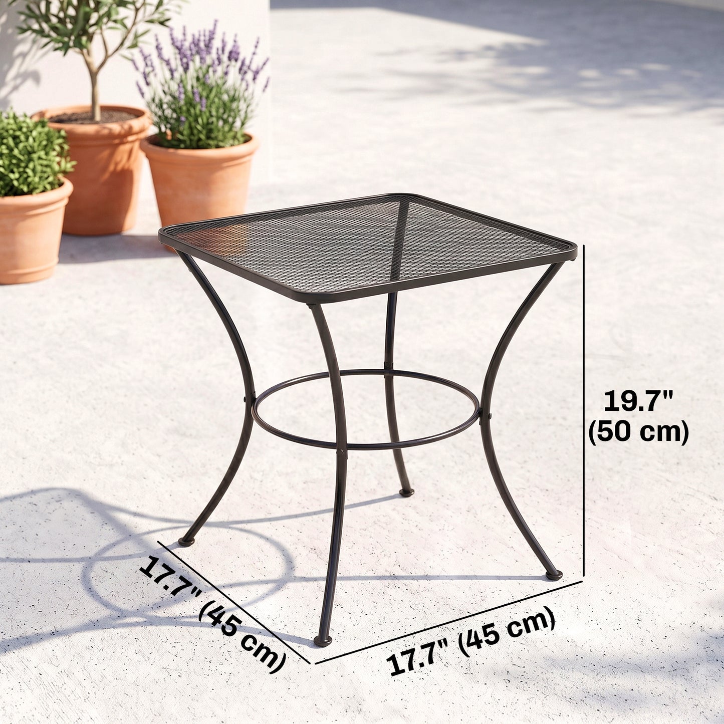 Table d'appoint de patio carrée en métal avec plateau en treillis