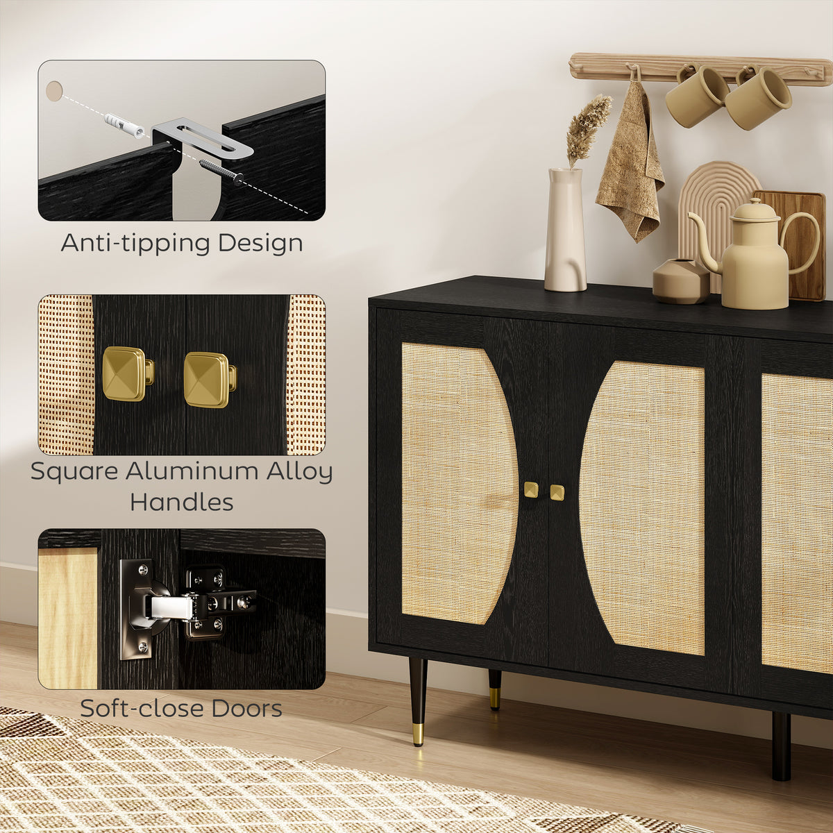 Buffet de rangement style bohème en rotin 140 x 38 x 79 cm