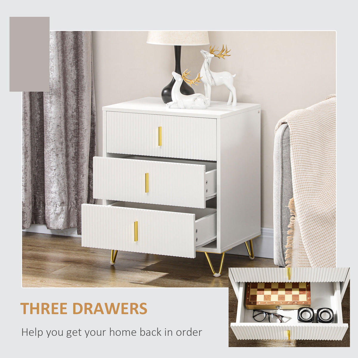 Commode de rangement 3 tiroirs sur pieds en métal