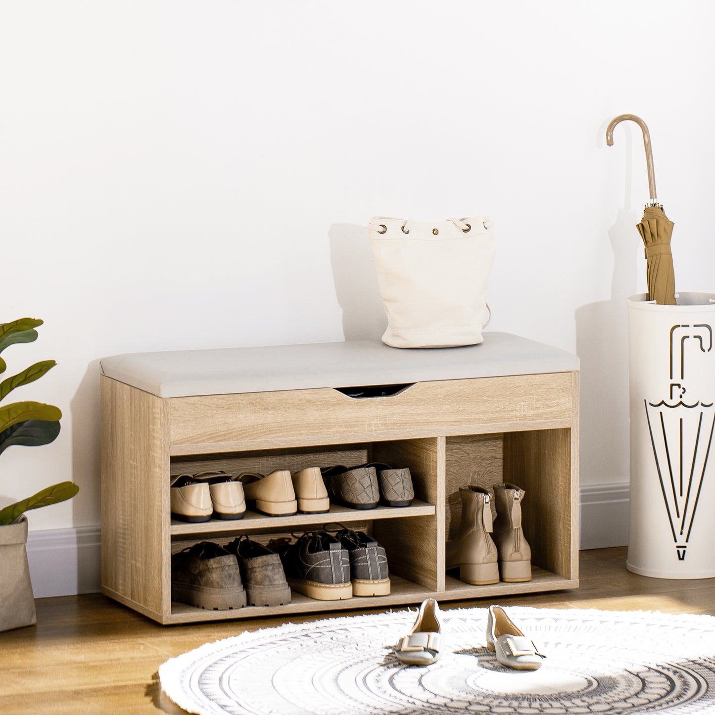 Banc à chaussures avec coussin et rangement caché