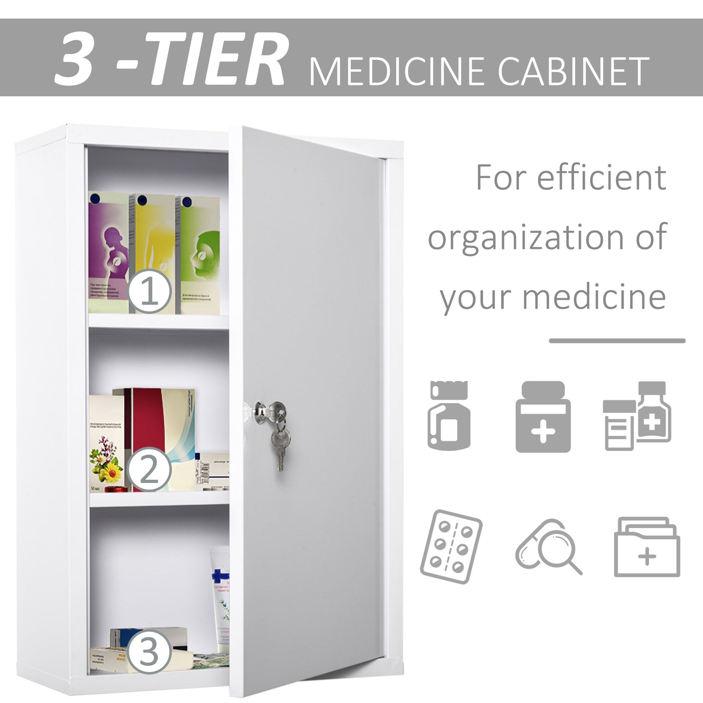 Armoire Pharmacie Murale 3 Niveaux Acier Verrouillable