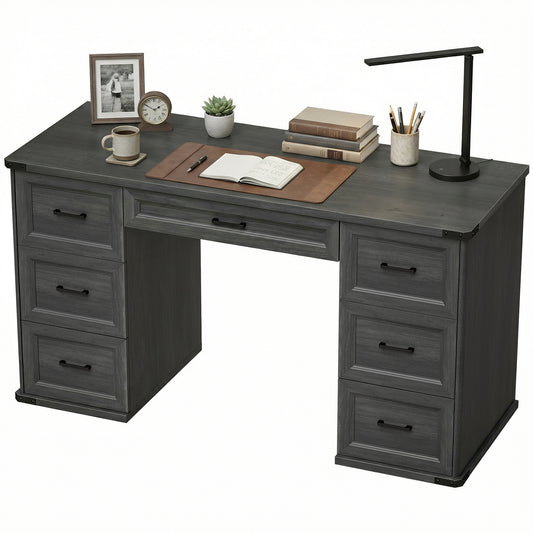 Bureau d'ordinateur 7 tiroirs style fermette 140 cm