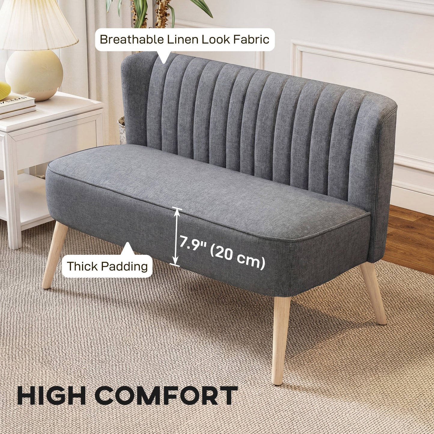 Canapé 2 places moderne tissu lin pieds bois