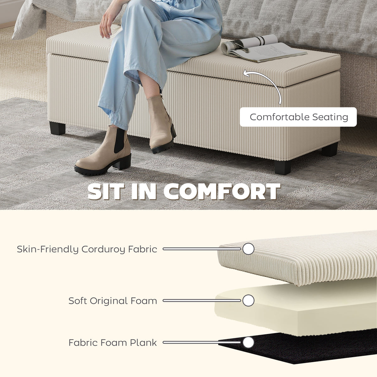 Banc de rangement en velours côtelé