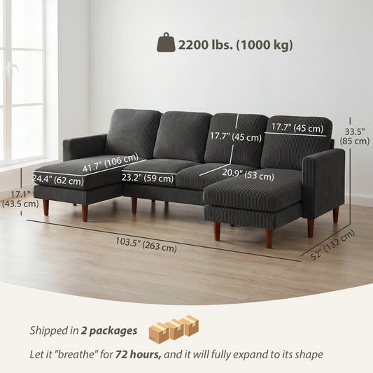 Sofa sectionnel en velours côtelé en U avec chaises longues doubles