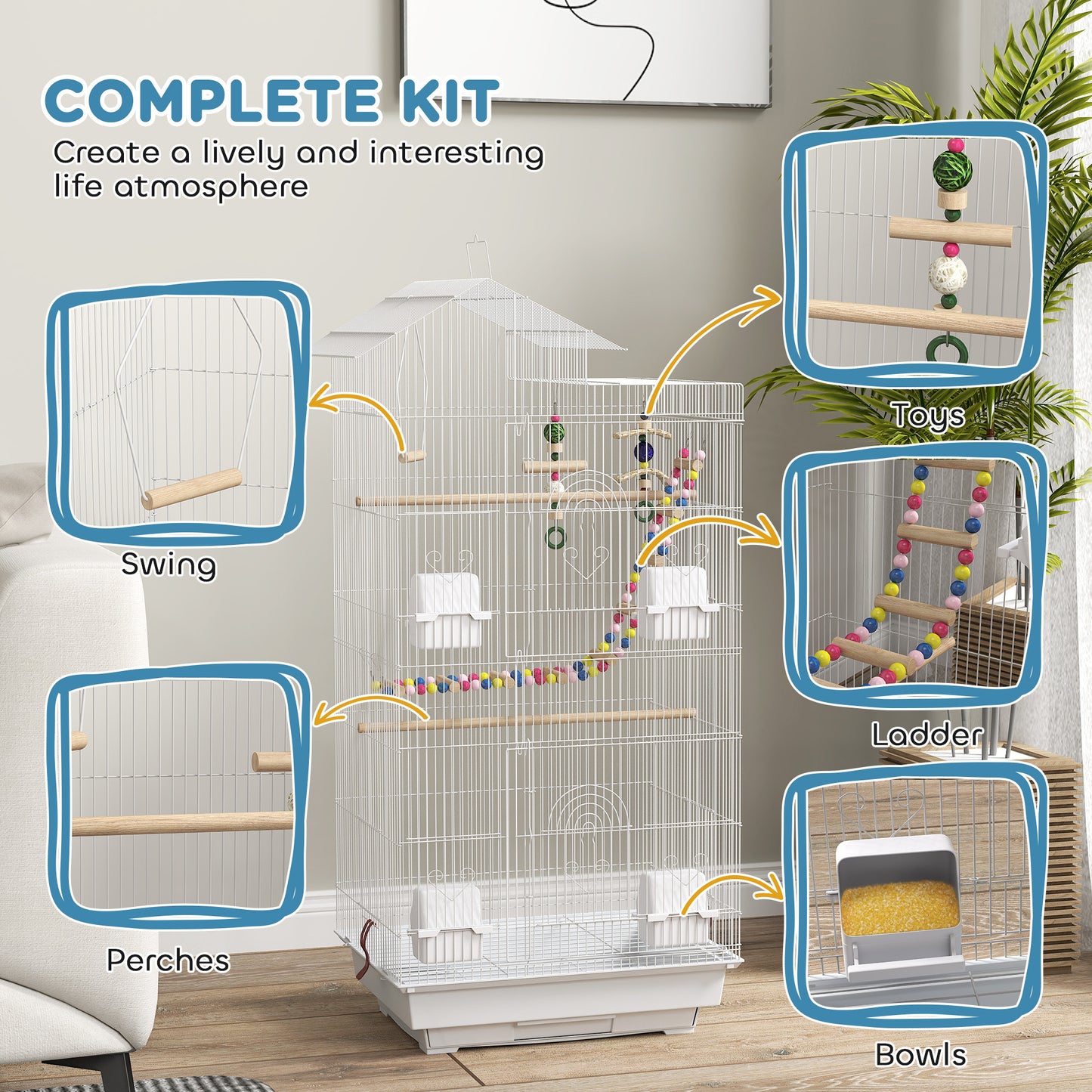 Cage à oiseaux spacieuse avec jouets et accessoires