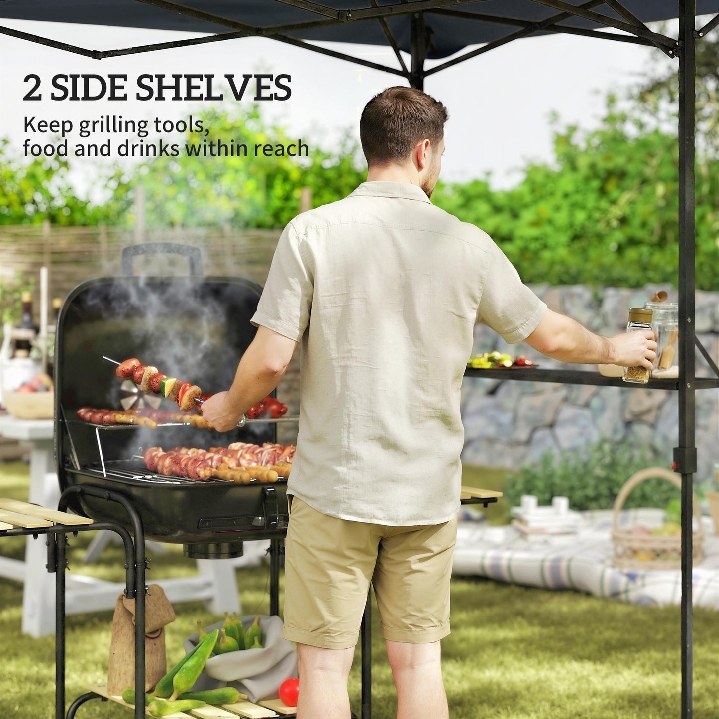 Gazebo de barbecue escamotable UPF 50+ avec 2 tablettes