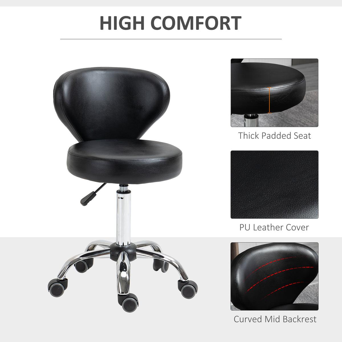 Tabouret de salon pivotant réglable avec dossier et roulettes