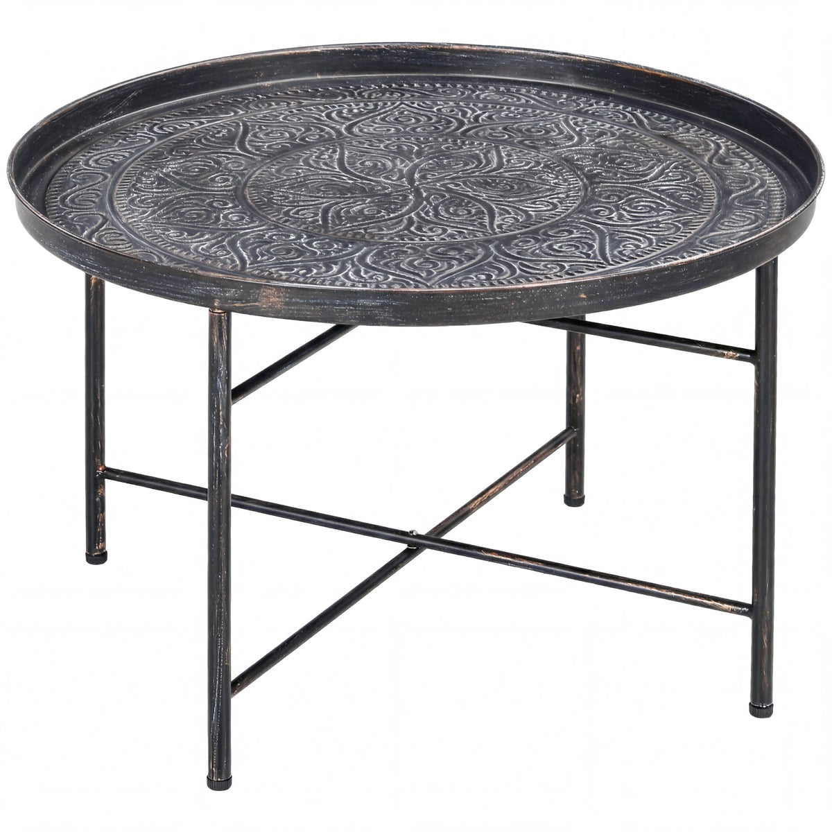 Table basse ronde plateau martelé cadre métal