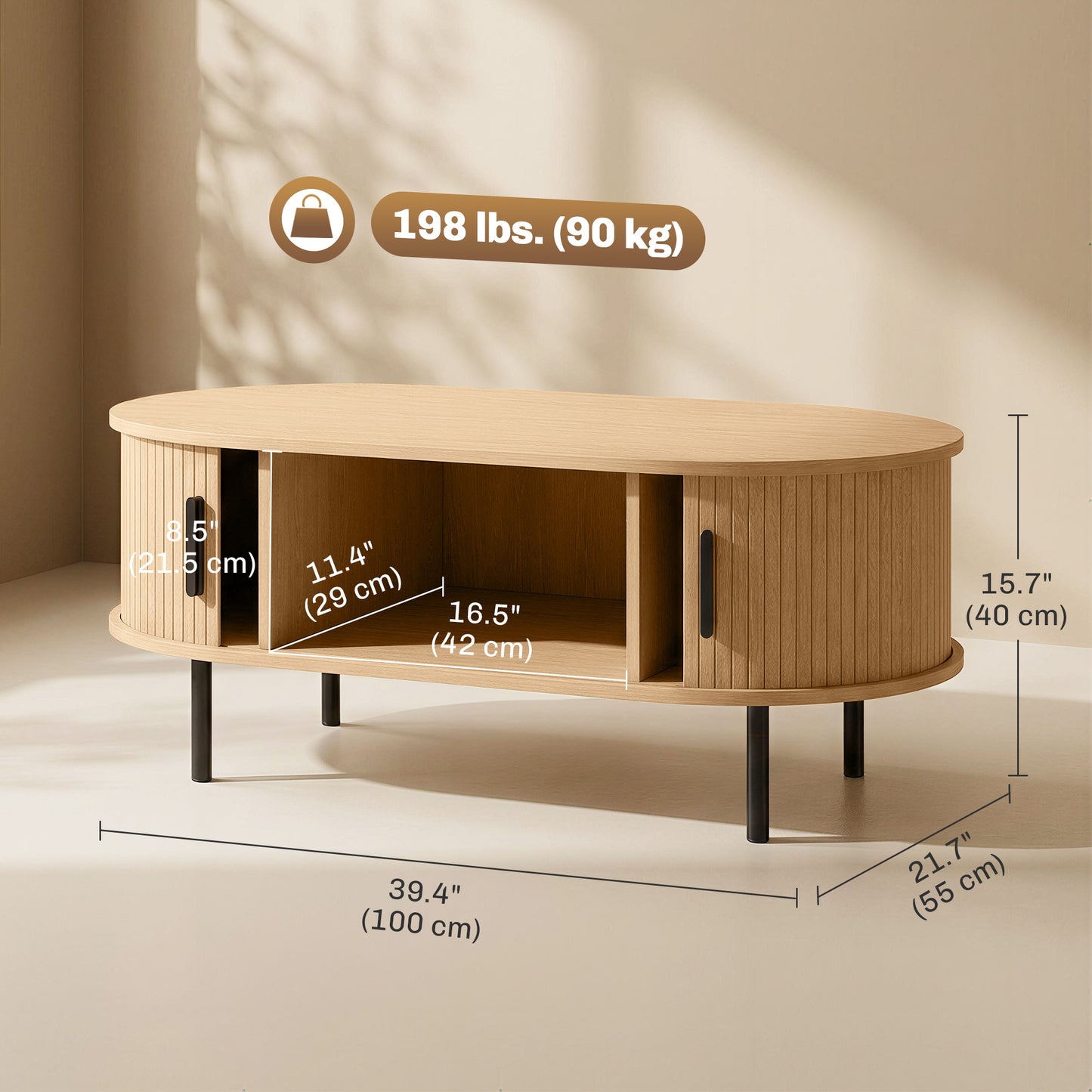 Table basse portes tambour coulissantes pieds métal