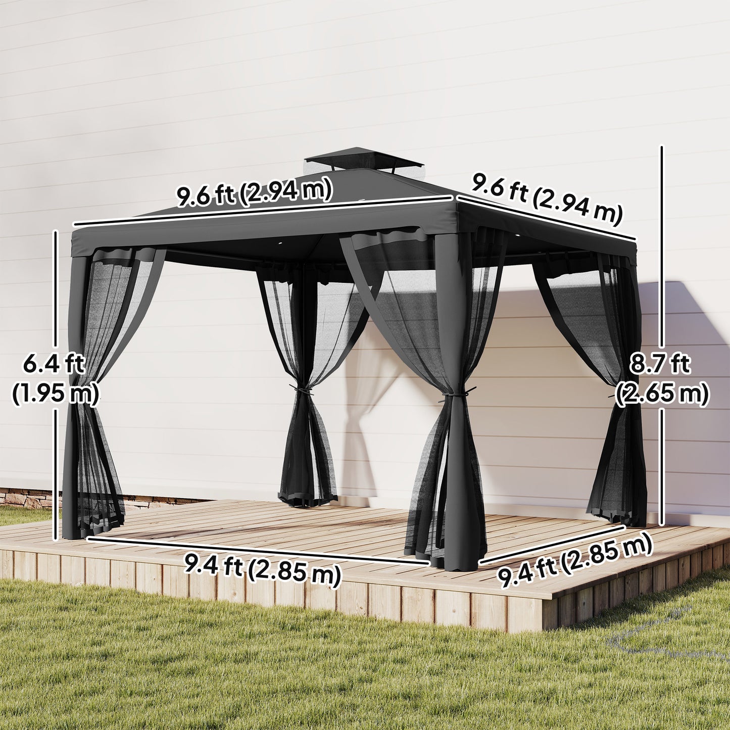 Gazebo patio toit double moustiquaire 2,9m x 2,9m