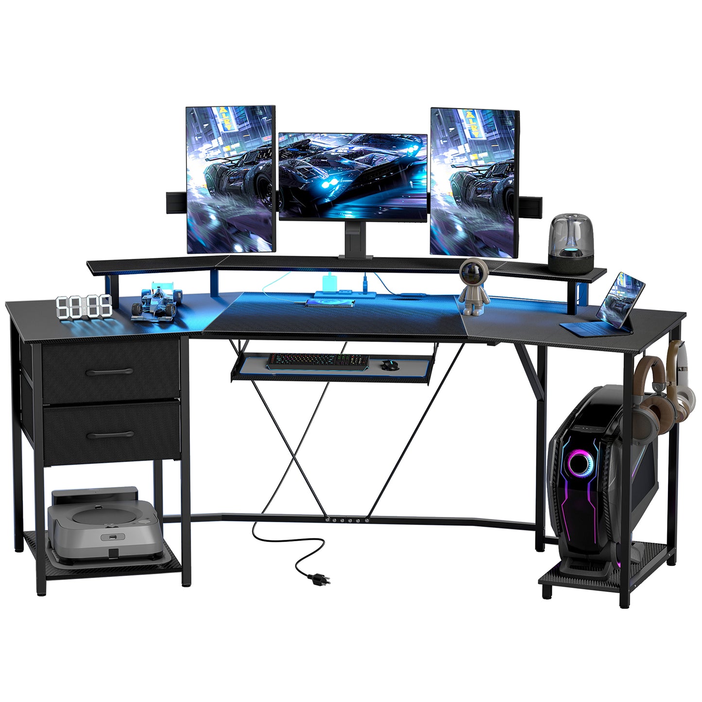 Bureau de jeu incurvé avec RGB, prises et tiroirs