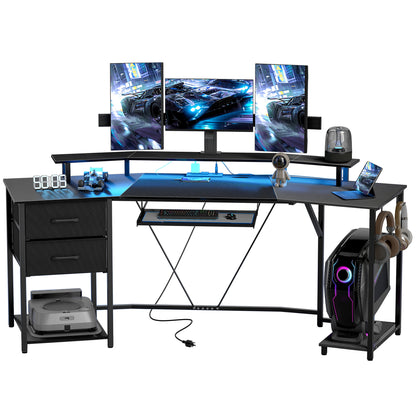 Bureau de jeu incurvé avec RGB, prises et tiroirs