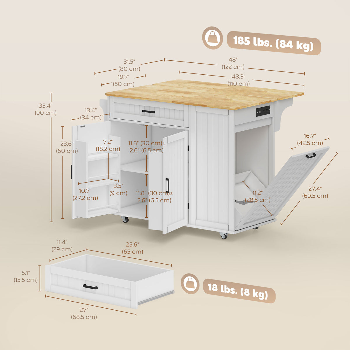 Îlot de cuisine roulant avec station de recharge et abattant