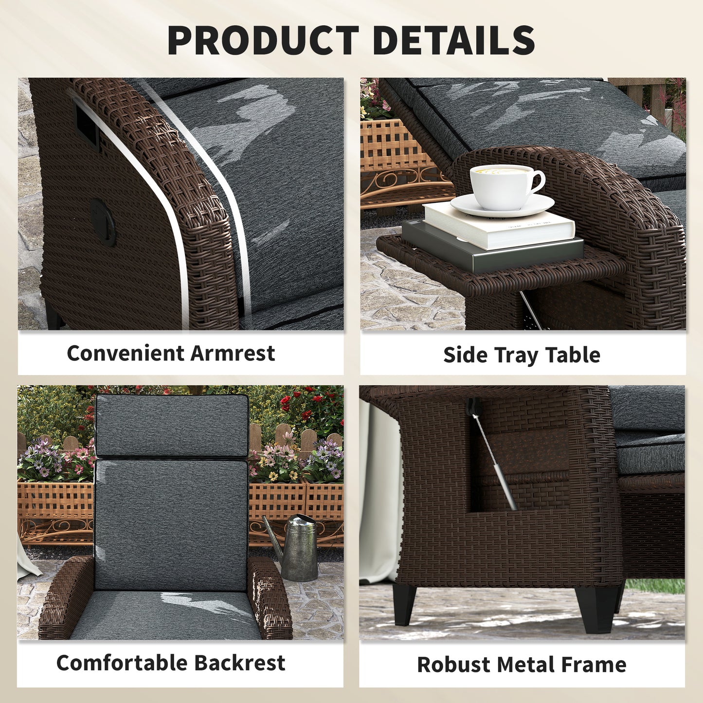Chaise longue inclinable rotin avec dossier ajustable