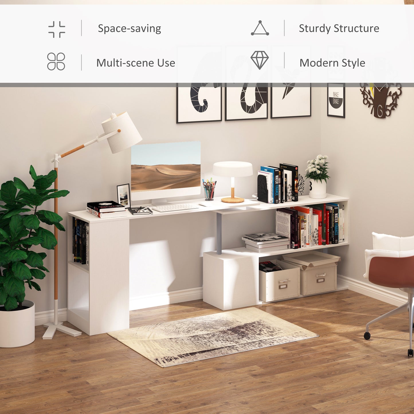 Bureau d'angle rotatif 360° avec étagères 3 niveaux