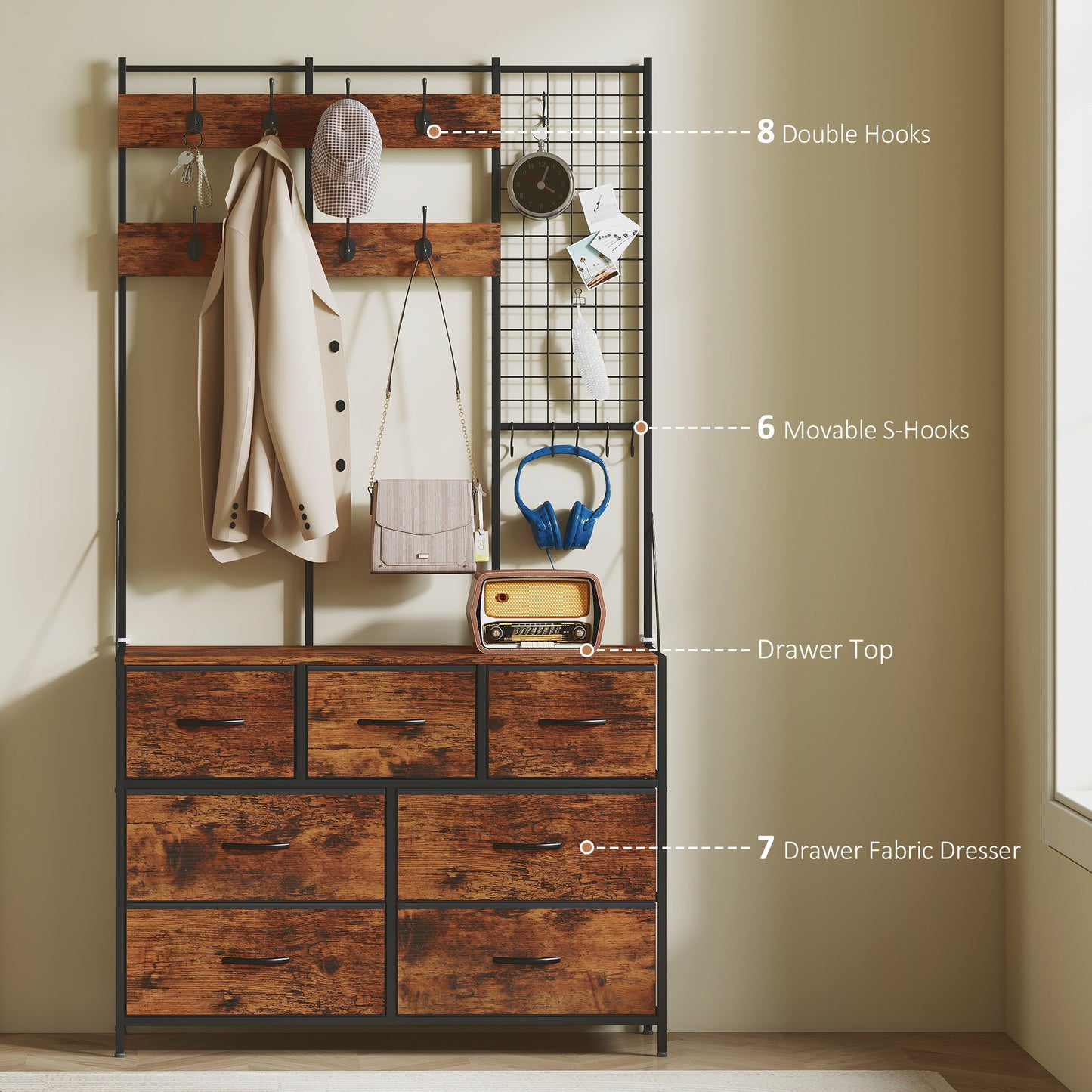 Hall tree 4-en-1 avec commode 7 tiroirs et crochets