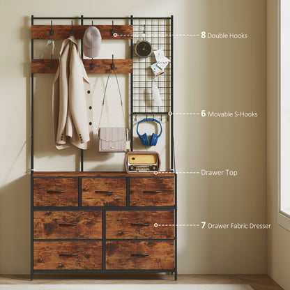 Hall tree 4-en-1 avec commode 7 tiroirs et crochets