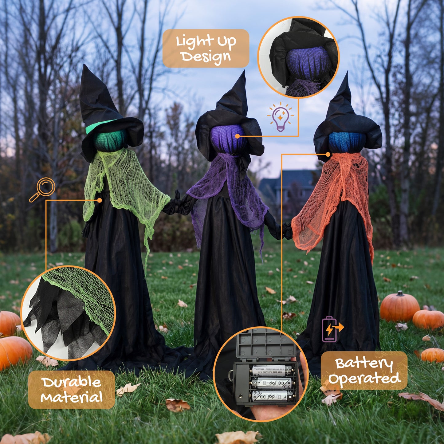Trio de sorcières lumineuses pour jardin d'Halloween