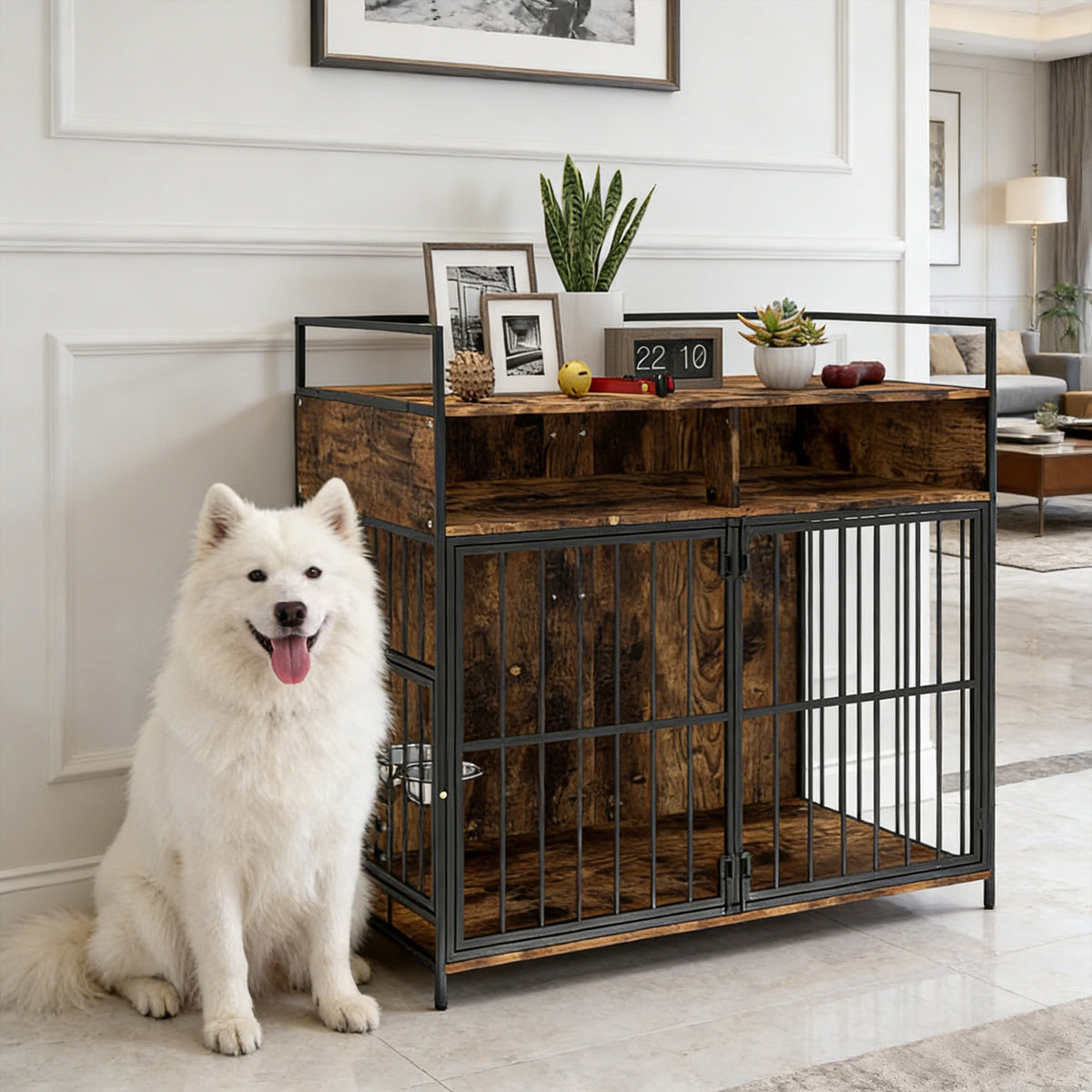 Cage pour chien meuble table d'appoint bols pivotants