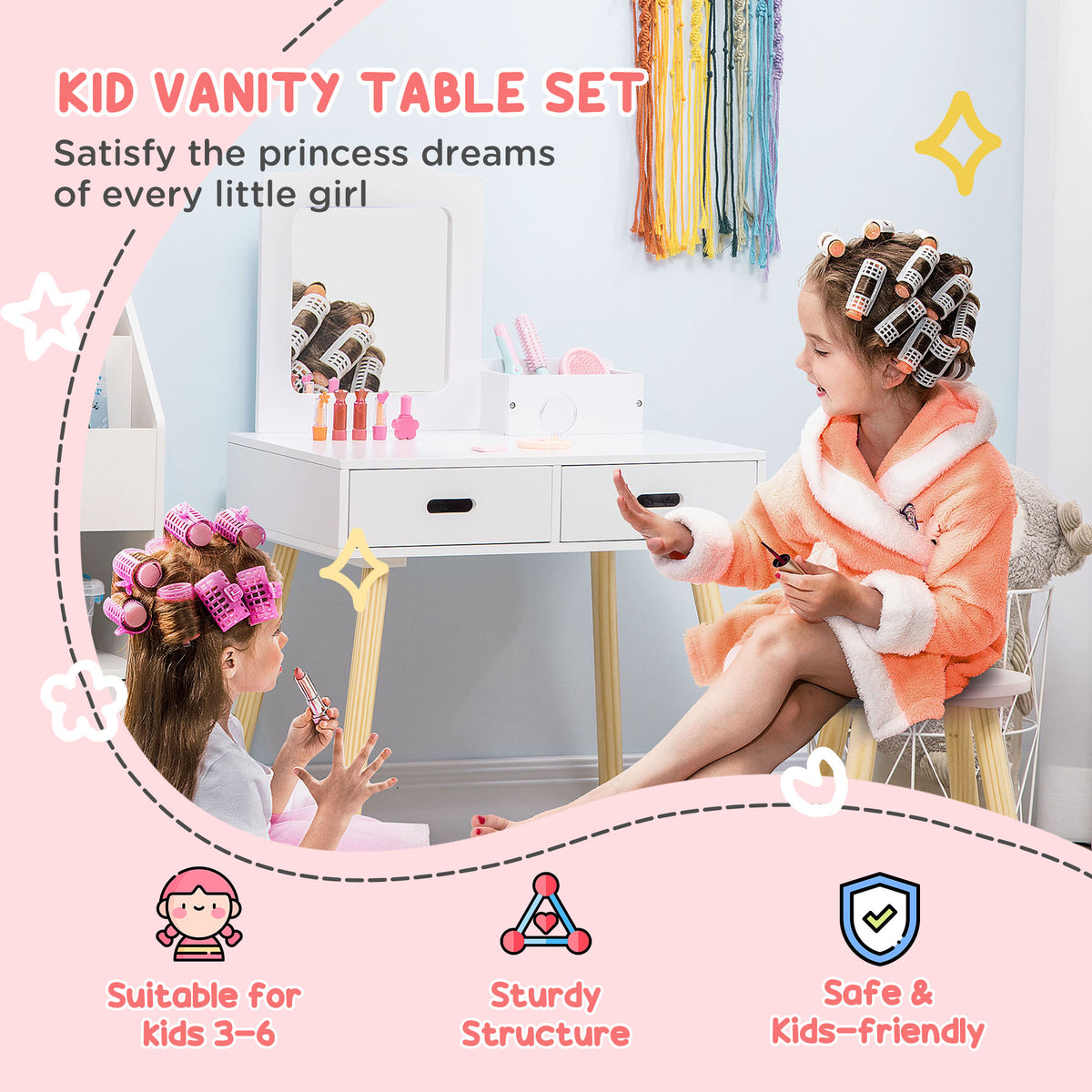 Coiffeuse pour enfants avec miroir et tabouret