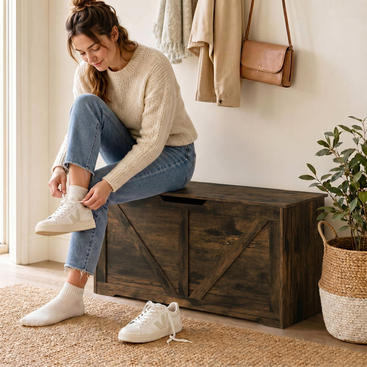 Coffre de rangement rustique à charnières de sécurité 100 cm