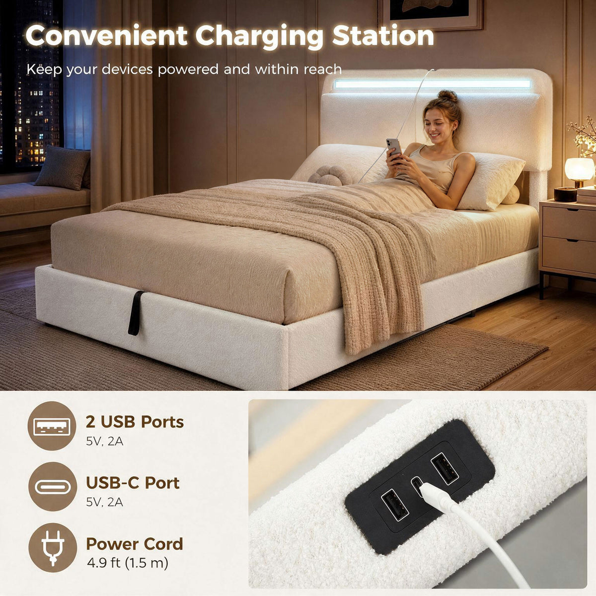 Lit Queen Plateforme avec Station de Charge et Rangement