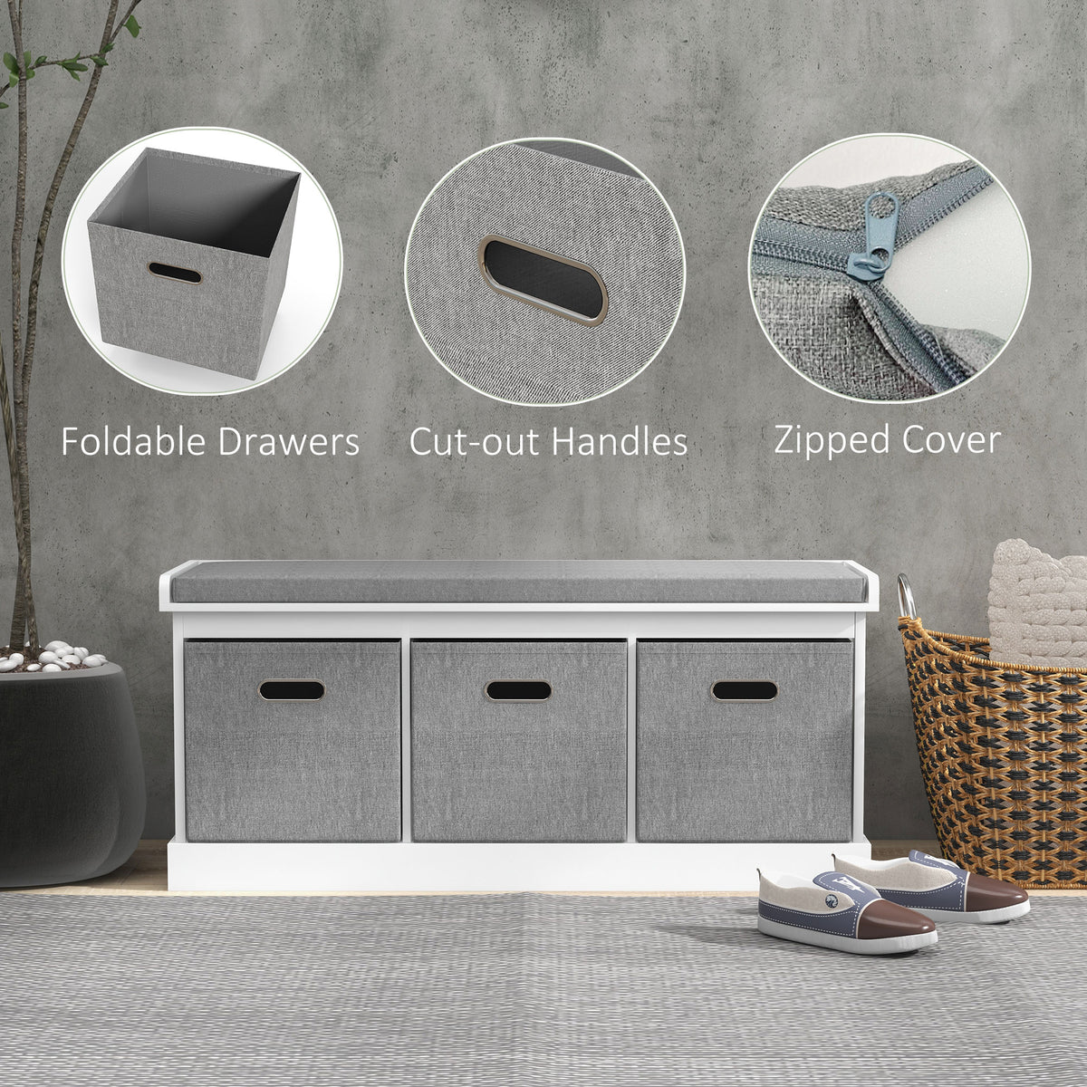 Banc de rangement pour chaussures avec coussin et tiroirs