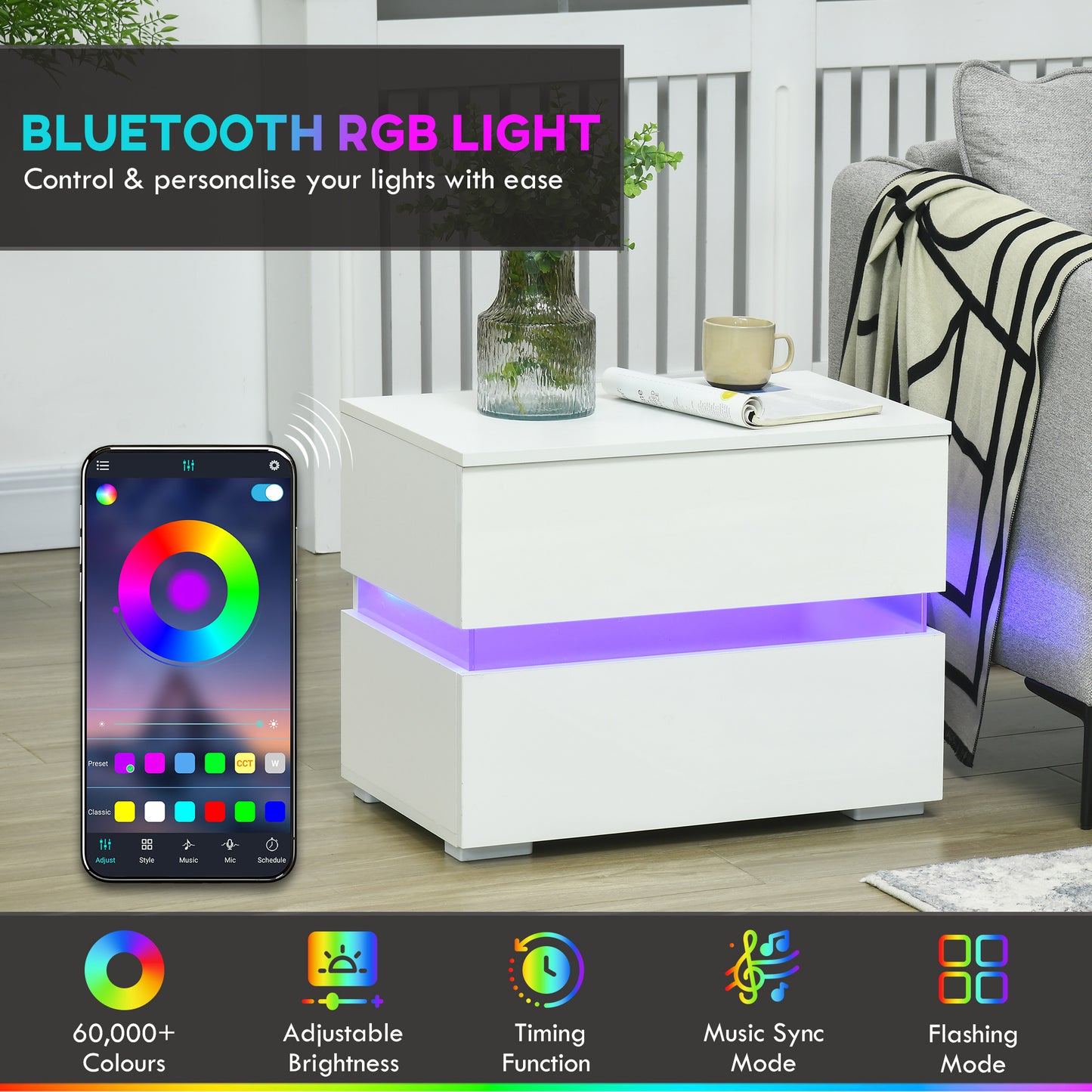 Table de chevet moderne avec éclairage LED RGB