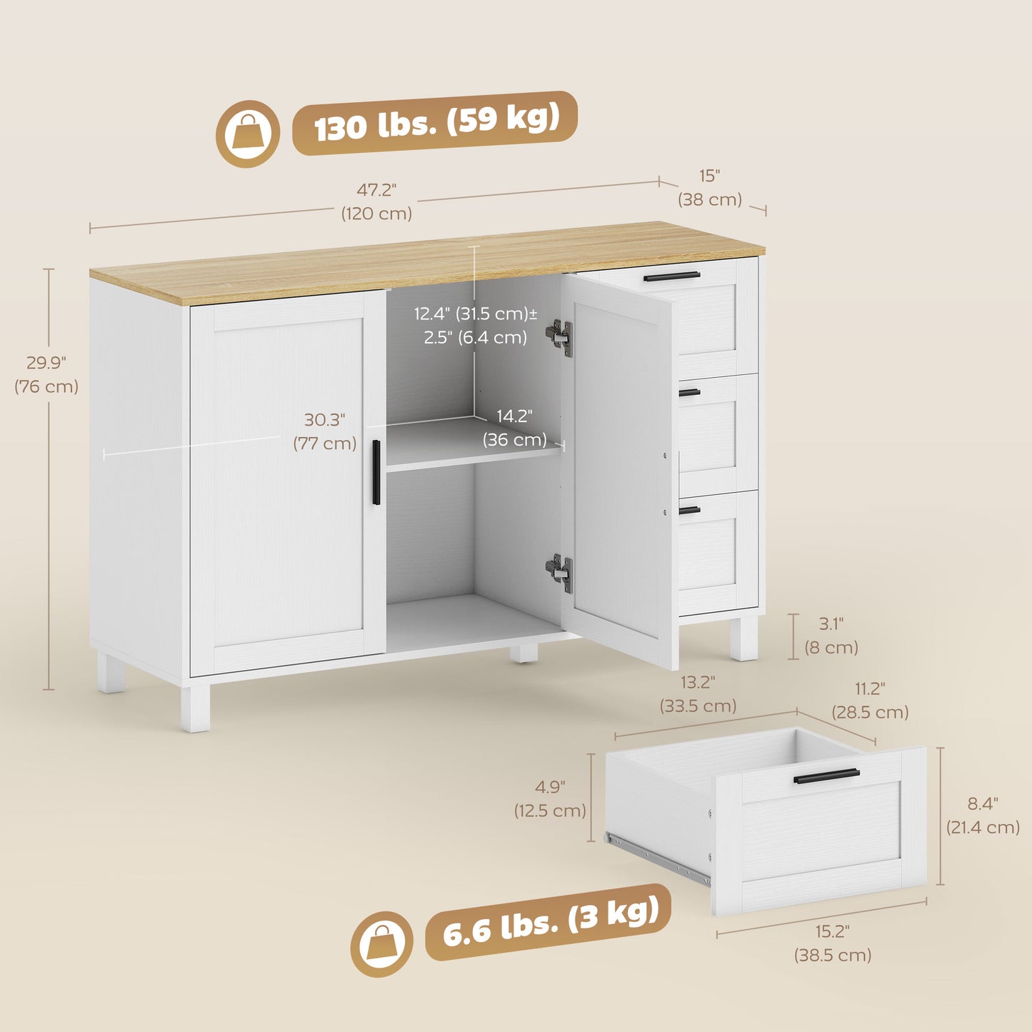 Buffet bahut portes à fermeture douce 3 tiroirs