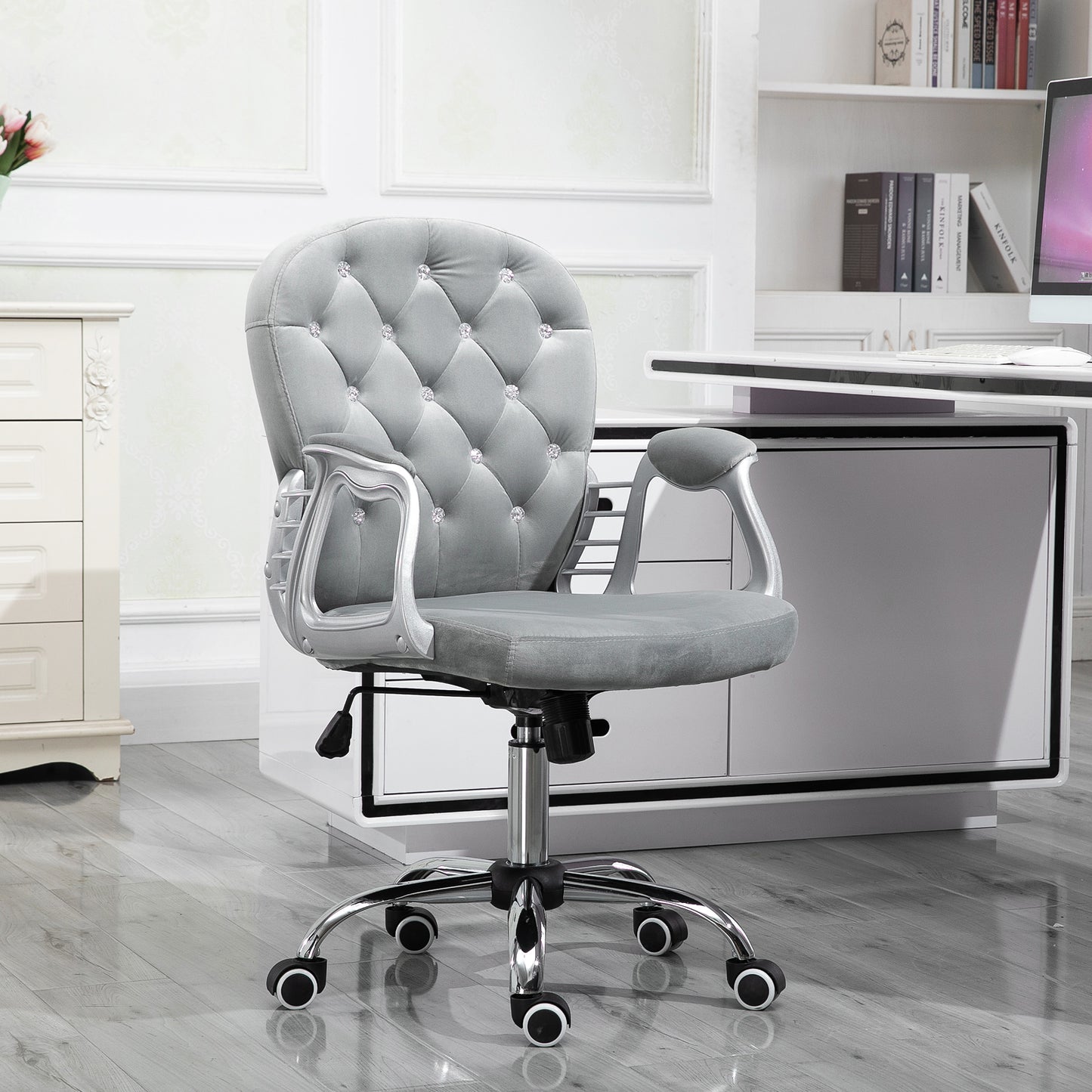 Chaise de bureau capitonnée cuir synthétique cristaux décoratifs