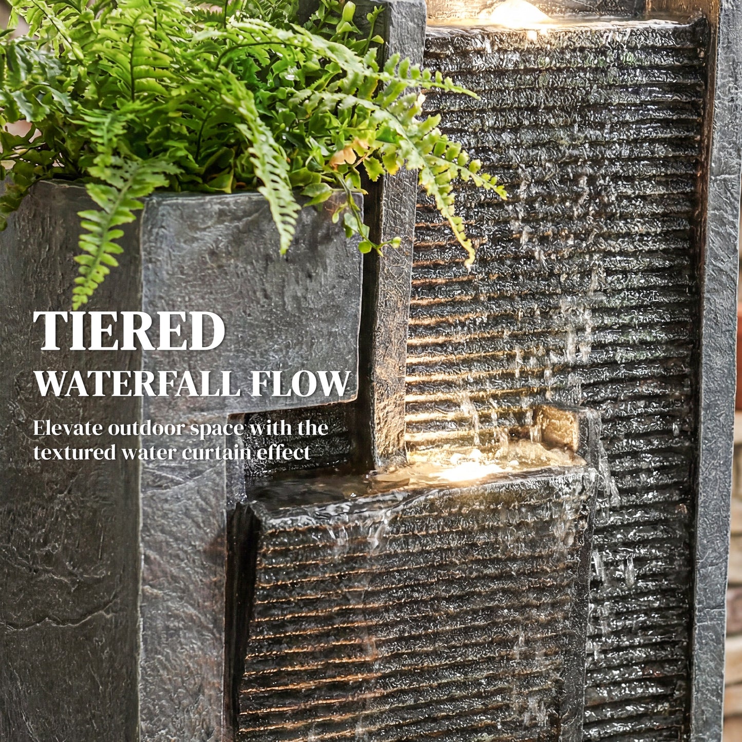Fontaine d'eau extérieure 3 étages avec lumières LED et jardinière