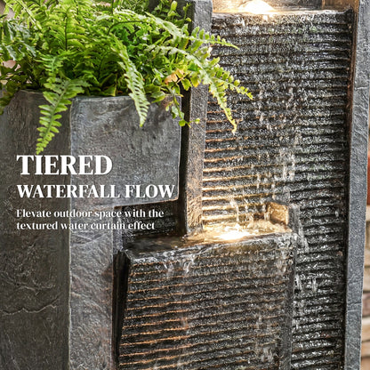 Fontaine d'eau extérieure 3 étages avec lumières LED et jardinière