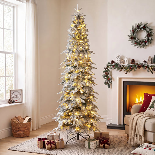 Arbre de Noël artificiel floqué lumineux mince 183 cm
