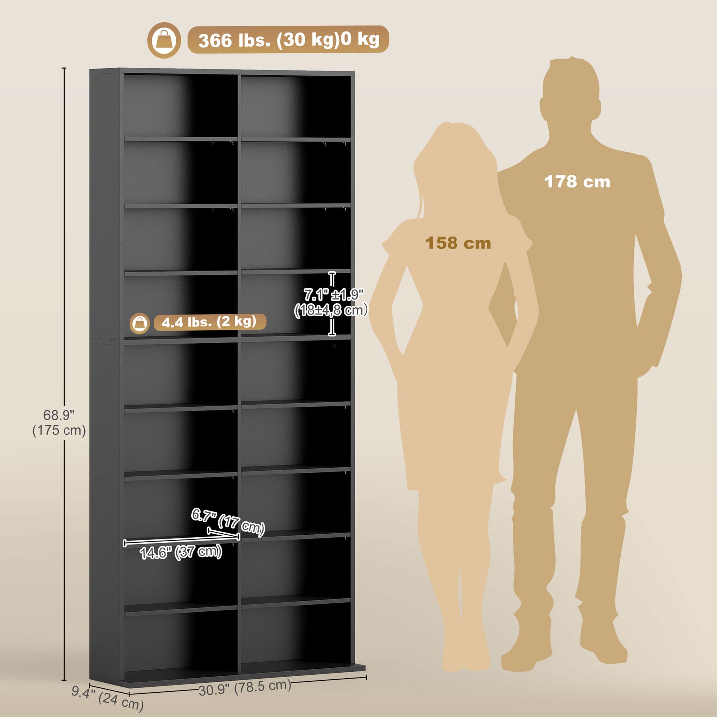 Étagère à médias 9 niveaux 18 compartiments