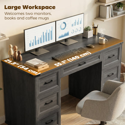 Bureau d'ordinateur 7 tiroirs style fermette 140 cm