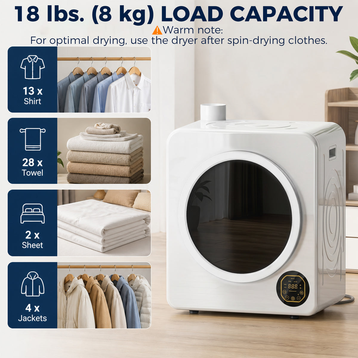 Sécheuse à linge compacte avec cuve en acier inoxydable 8 kg