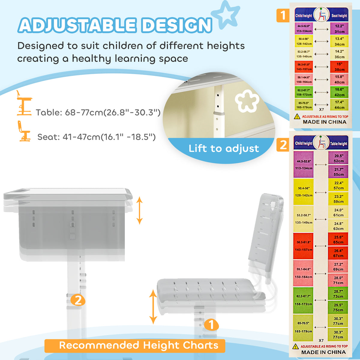 Bureau et chaise enfant ajustables — gris