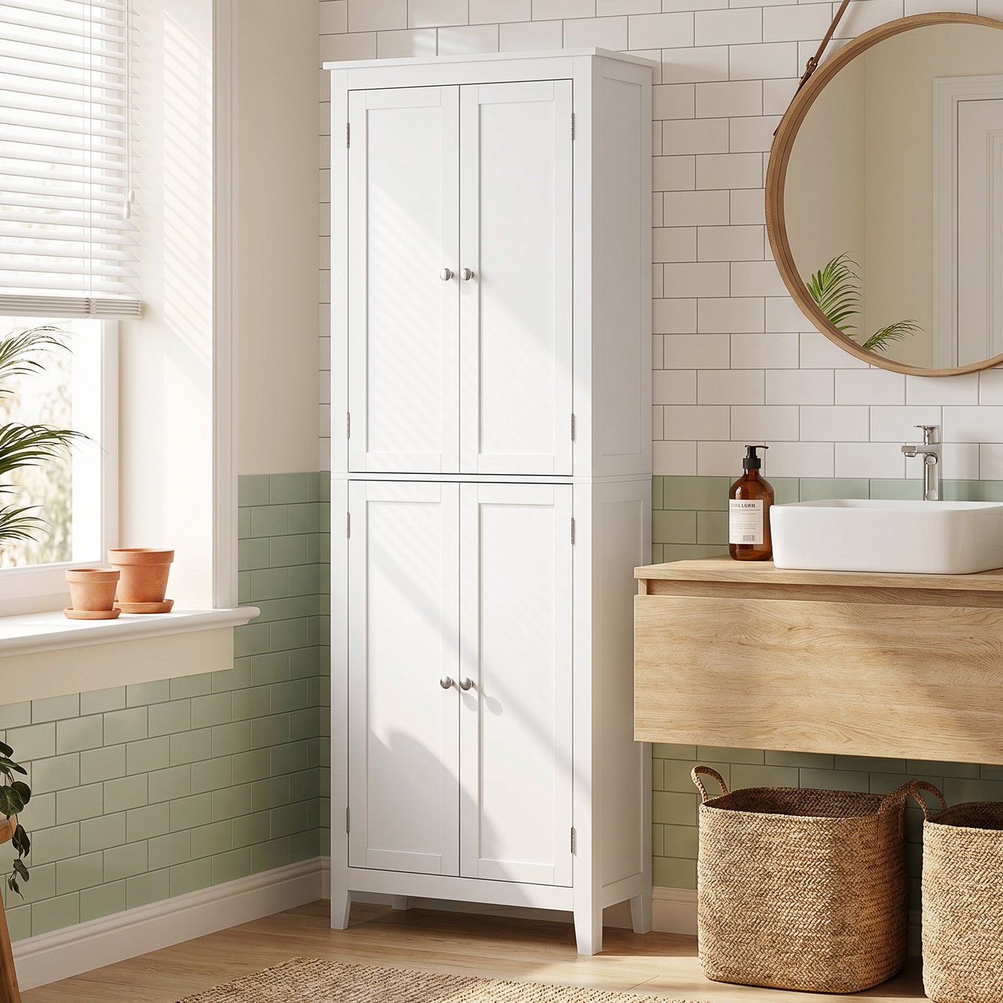 Armoire salle de bain étroite autoportante à étagères ajustables