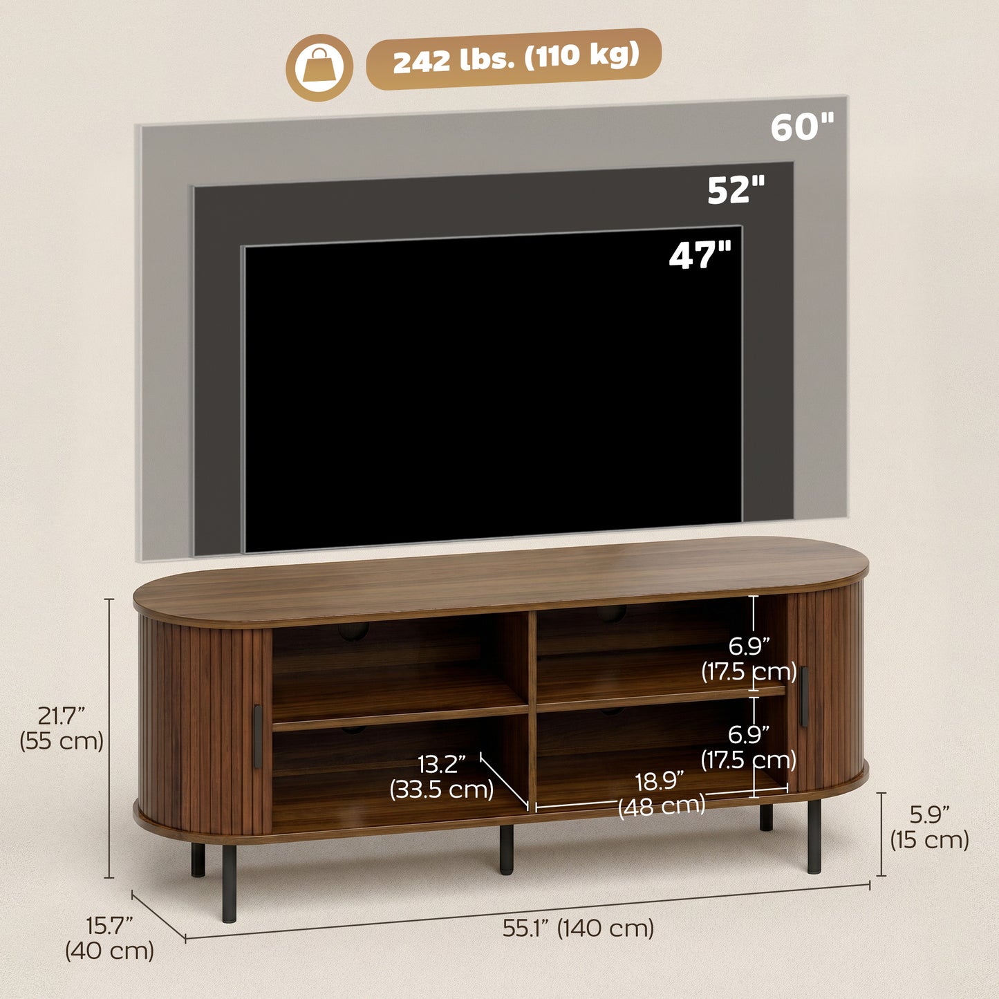 Meuble télé portes coulissantes courbées 152 cm