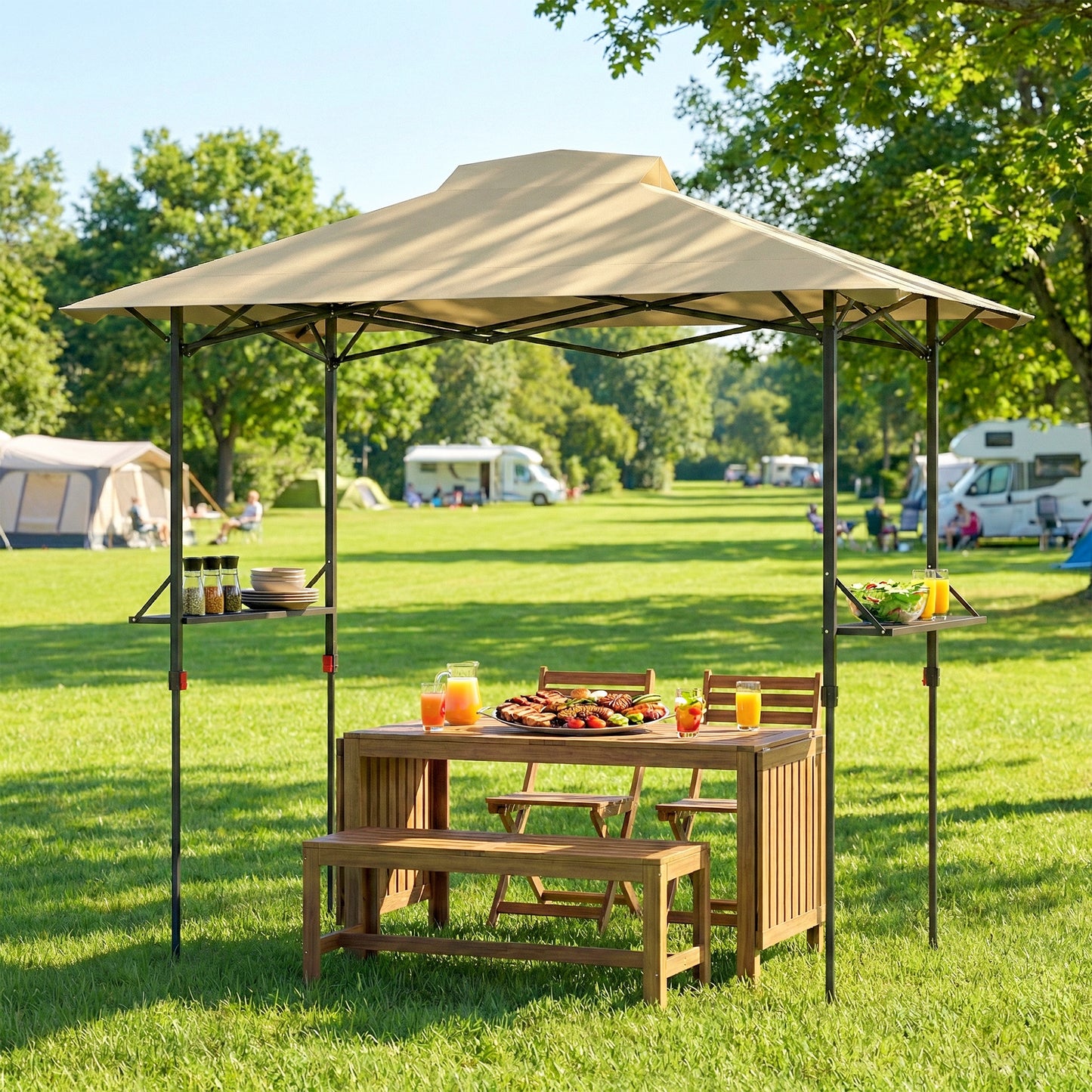 Gazebo de barbecue escamotable UPF 50+ avec 2 tablettes