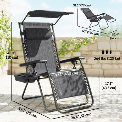 Chaise longue zéro gravité pliable avec auvent