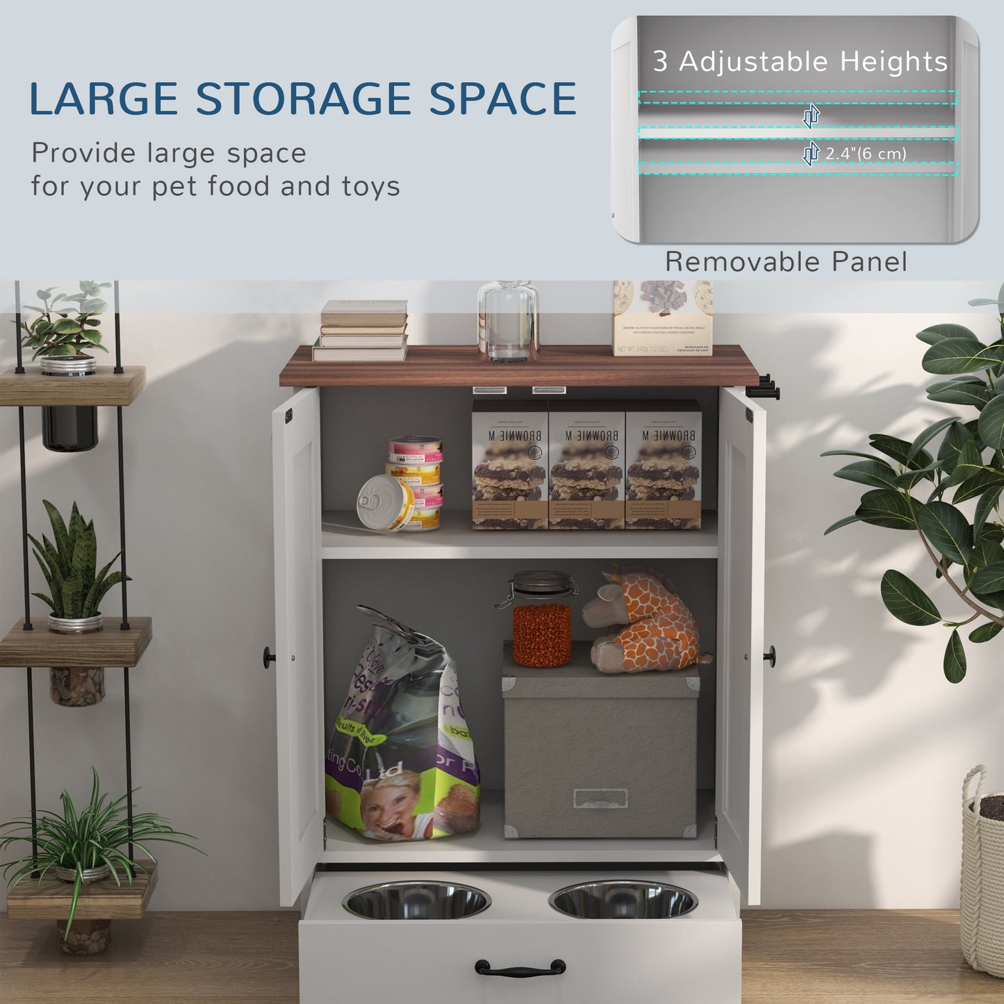 Station d'alimentation chien avec rangement ajustable