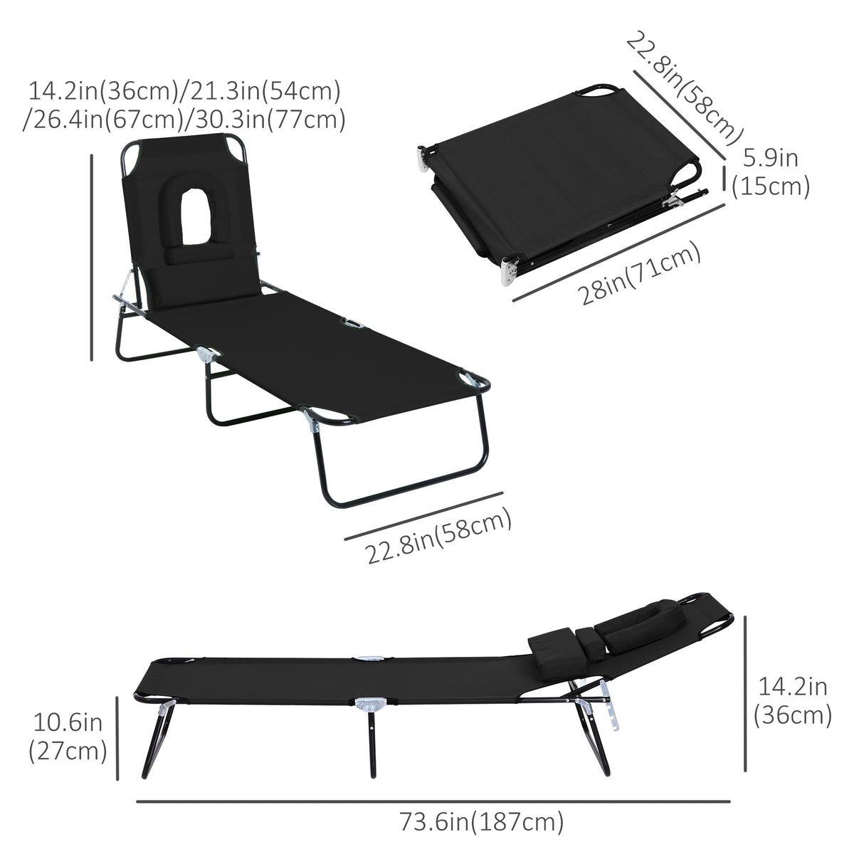 Chaise longue pliante avec trou visage ajustable