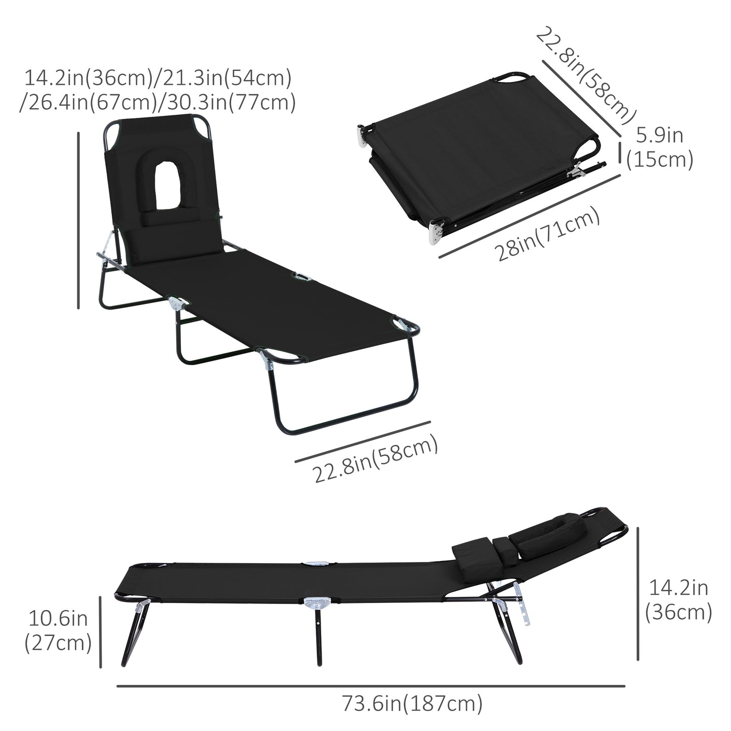 Chaise longue pliante avec trou visage ajustable